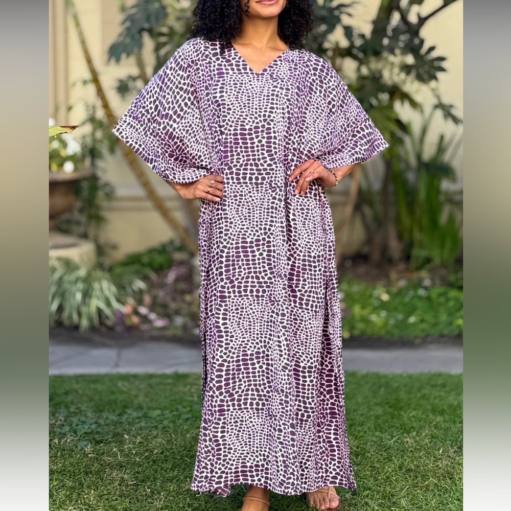 CARESS PURPLE ABSTRACT MIX S-4X LOUNGE COVERUP ROBE RESORT MAXI DRESS KA…